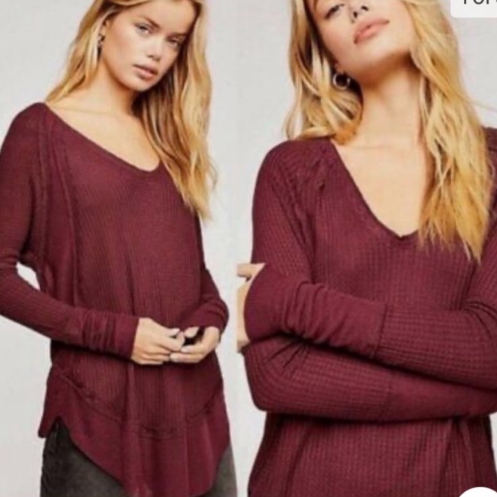 FREE PEOPLE We The Free Laguna Thermal Waffle Knit V-Neck Tunic Top Size XS